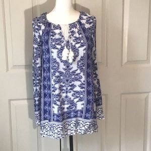 INC blue and white tunic with tassel ties in EUC